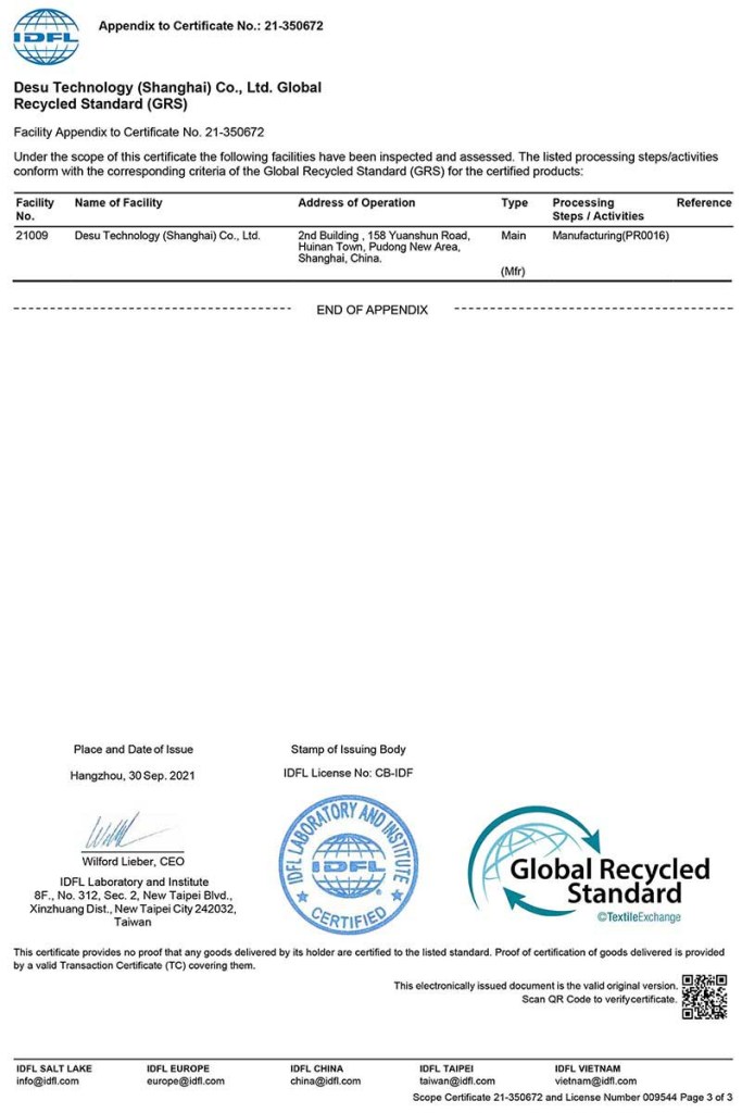 Global Recyclable Standard (GRS) Certificate