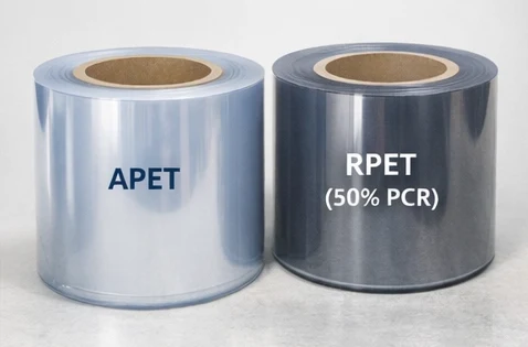 Virgin APET and RPET thermoforming sheet rolls and samples for visual comparison