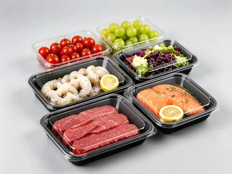 Thermoformed food trays and plastic food containers