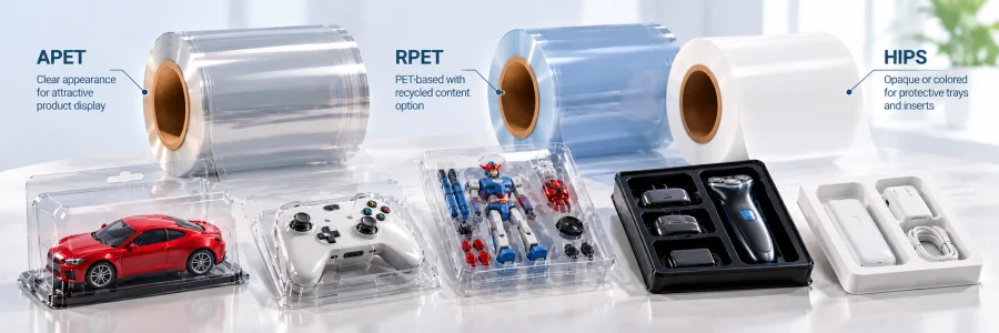 APET RPET and HIPS thermoforming sheet for toy and consumer product packaging
