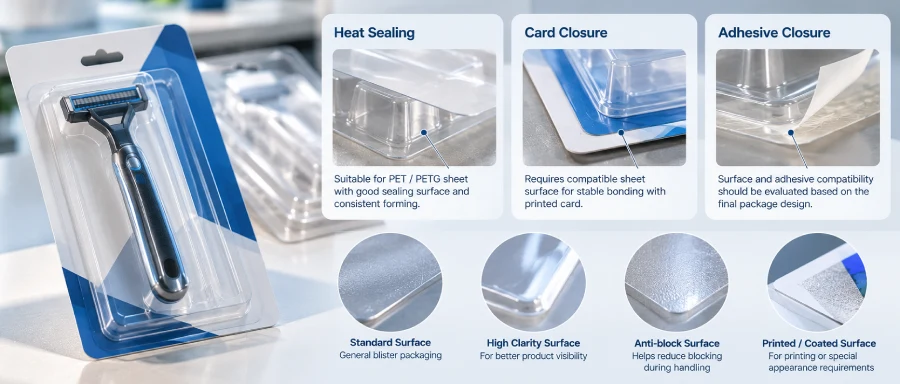 Clear thermoformed blister packaging with sealing and card closure