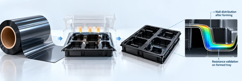 Electronics ESD tray thermoforming depth wall distribution and resistance validation