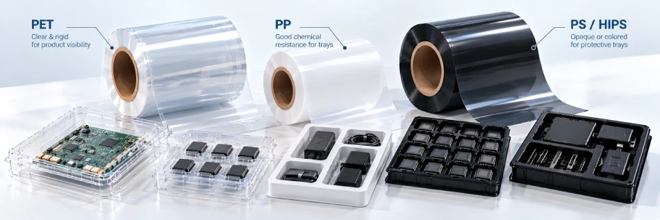 PET PP and PS HIPS thermoforming sheet rolls for electronics packaging trays