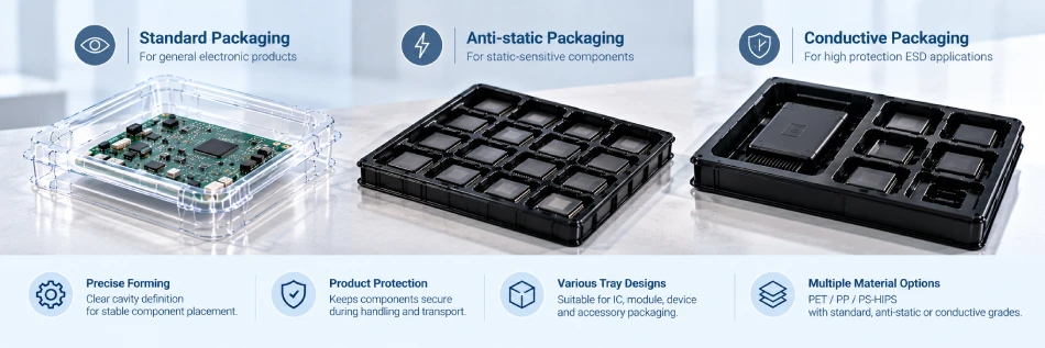 Standard anti-static and conductive thermoforming sheet selection for electronics packaging
