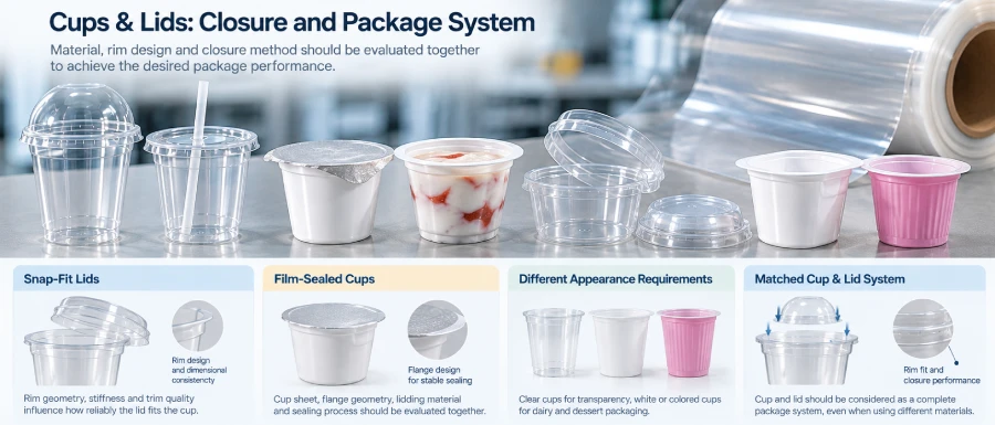 Thermoformed drink cup snap fit lid and yogurt dairy cup sealing systems