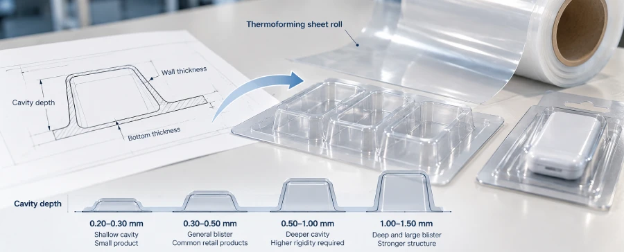 Thermoforming blister cavity depth and sheet wall distribution