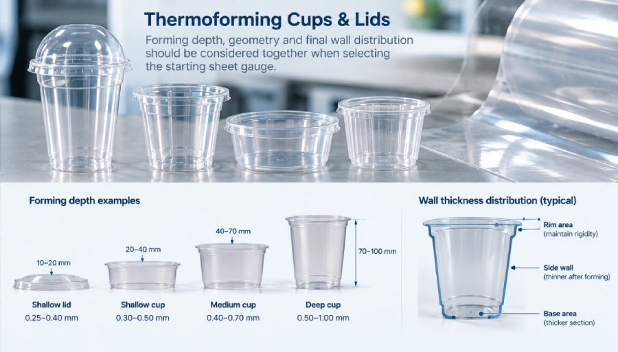Thermoforming sheet gauge wall distribution and forming depth for cups and lids