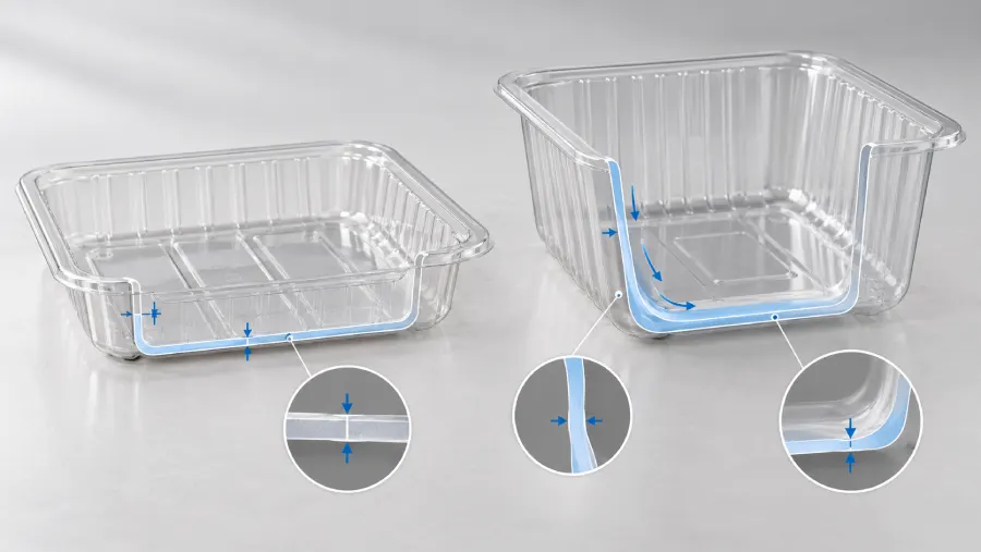 Thermoformed food tray depth and sheet wall thickness distribution