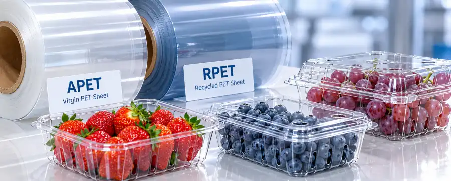 APET and RPET thermoforming sheet rolls with clear fruit packaging boxes
