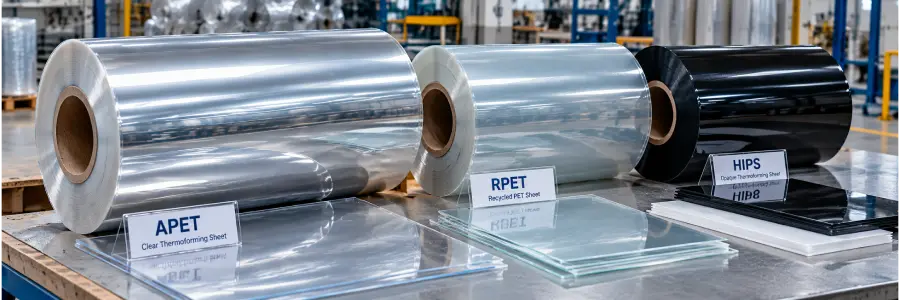 Silver-clear APET and opaque HIPS thermoforming sheet rolls in an industrial material supply setting