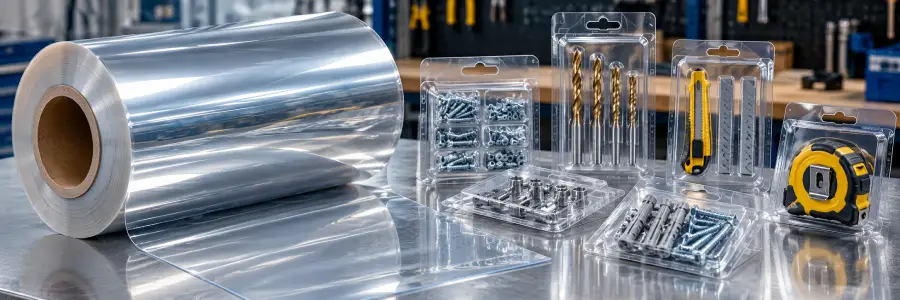 Silver-clear APET sheet roll and transparent hardware blister packs containing screws and drill bits