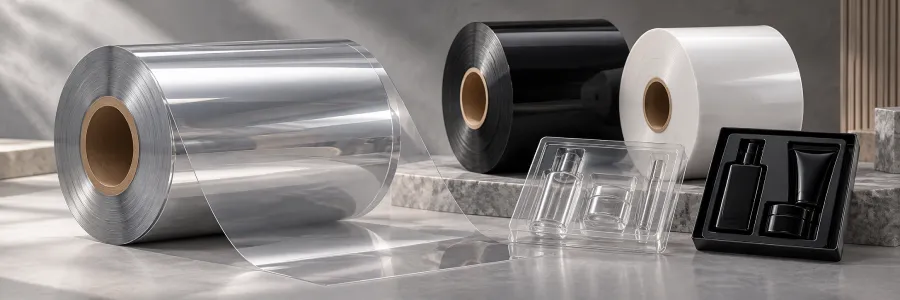 Clear PET and colored HIPS sheet rolls supplied for cosmetic packaging thermoforming