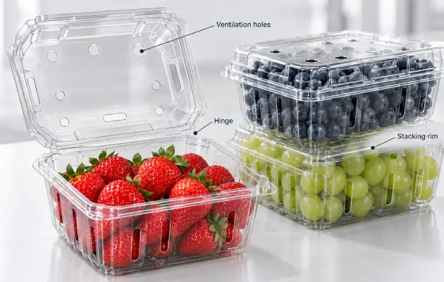 Clear PET fruit packaging clamshell showing ventilation holes, stacking rims and hinge features