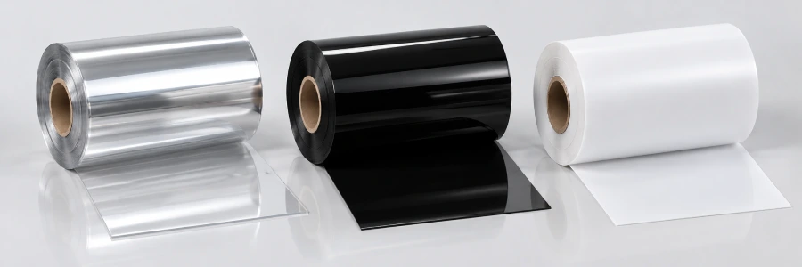 Clear PET sheet and black and white HIPS thermoforming sheet rolls showing different surface finishes