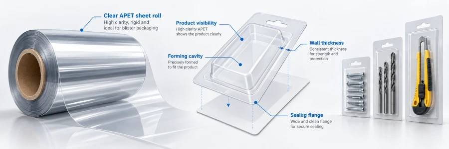 Clear PET sheet and transparent thermoformed blister samples for screws, drill bits and tool sets