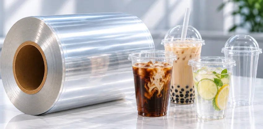 Clear PET sheet roll with transparent cold drink, iced coffee and bubble tea cups