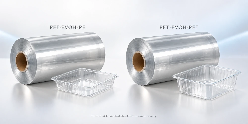 Wide PET-EVOH-PE and PET-EVOH-PET laminated sheet rolls with empty thermoformed food trays