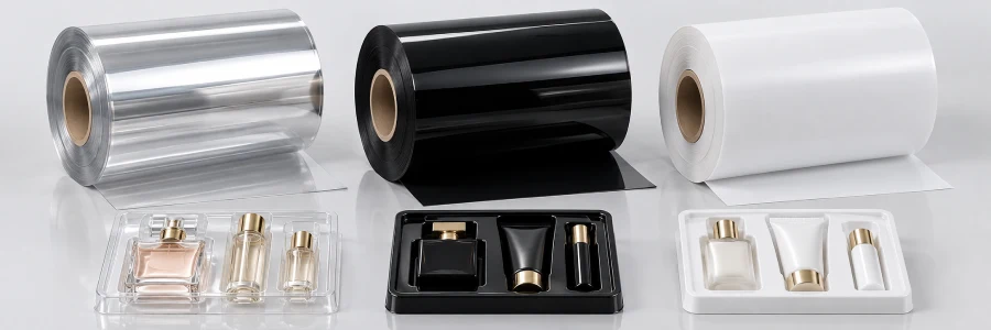 PET and HIPS thermoforming sheet rolls with transparent and opaque cosmetic packaging insert samples