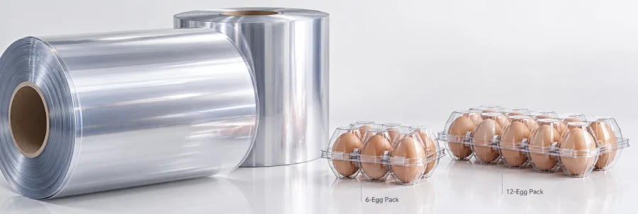 PET thermoforming sheet rolls with clear retail egg packaging application samples