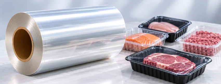 PET EVOH high barrier thermoforming sheet roll beside MAP food packaging tray application samples