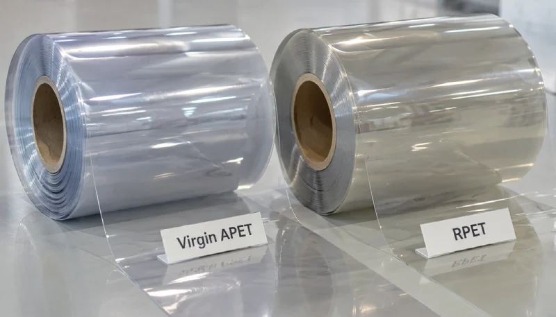 Virgin APET and RPET sheet rolls with transparent sheet samples for appearance comparison